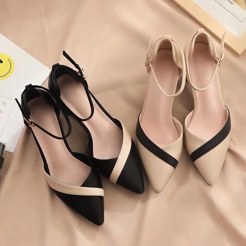 Leather Classic Strap - Women's Classic Beige Square Heel Pointed